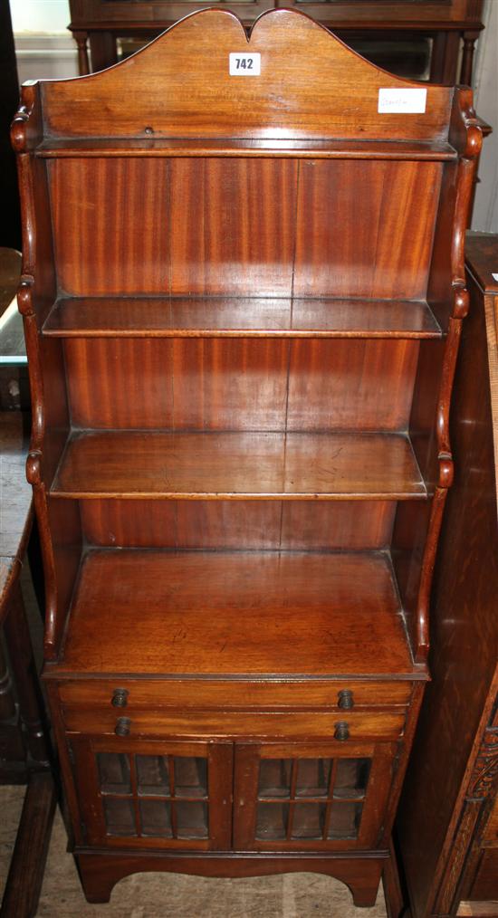 Small mahogany open bookcase with drawers under